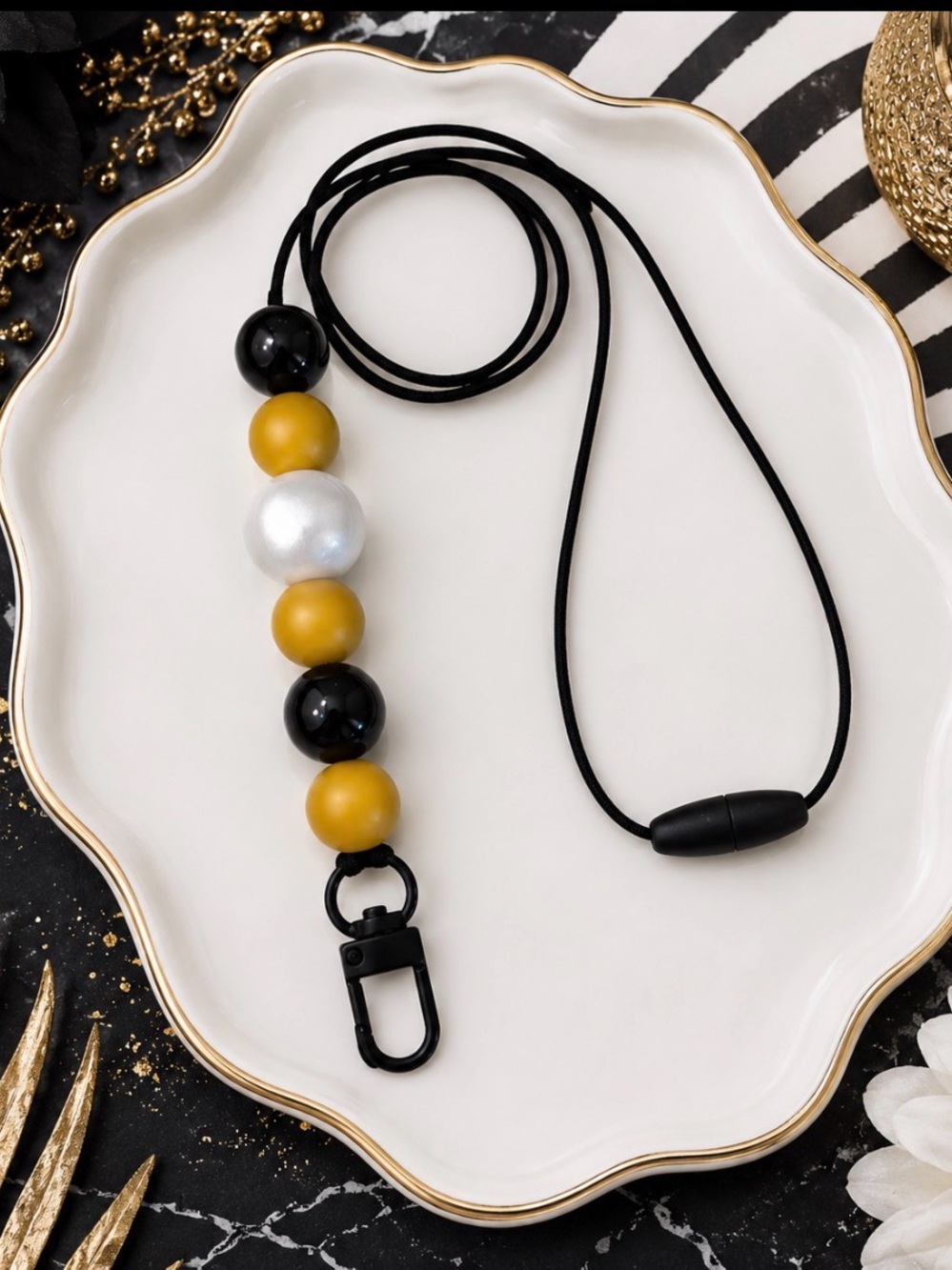Hand Crafted Black, Mustard & White Beaded Key/Card Lanyard